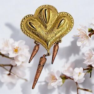 Vintage M. Jent Gold Tone Brooch – 3 Dangle Copper Tone Accents